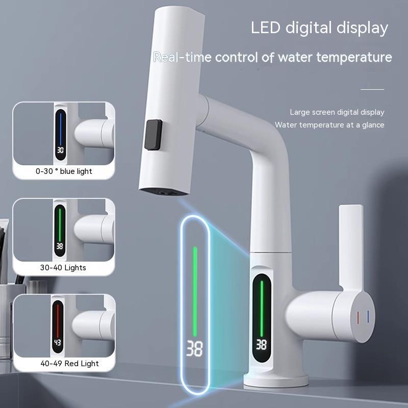 0Digital Temperature Display FaucetFEATURES:


3-in-1 360° Swiveling Waterfall Tap: Experience ultimate flexibility with our versatile faucet design. With a liftable and 360° rotatable feature, along Digital Temperature Display Faucet