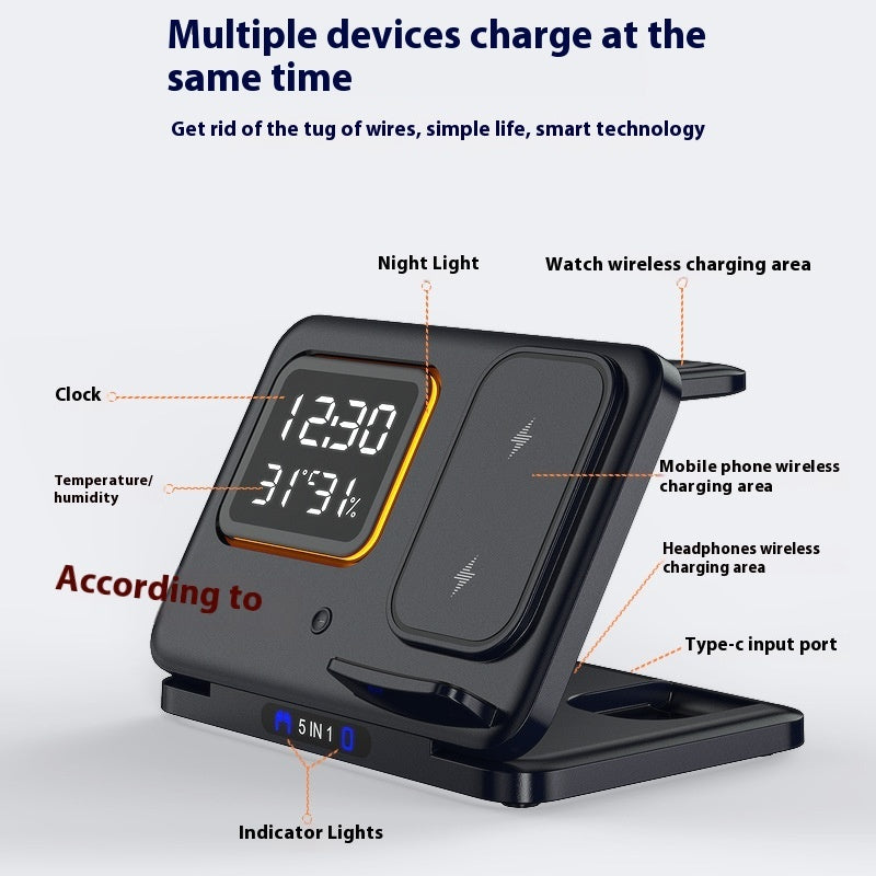 5W 5-in-1 Wireless Charging StandOverview:


 1. Multi-Device Wireless Charging: Simultaneously support fast charging of multiple devices, including phones, watches, and headphones, while keeping tr15W Wireless Chargers