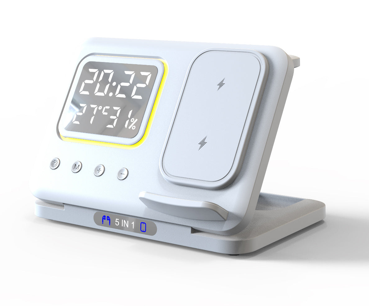 5W 5-in-1 Wireless Charging StandOverview:


 1. Multi-Device Wireless Charging: Simultaneously support fast charging of multiple devices, including phones, watches, and headphones, while keeping tr15W Wireless Chargers